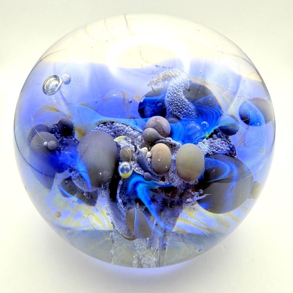 Unsigned Blue Paperweight Sea Ocean Pearl Swirl Bubbles Flora Fauna - Picture 4 of 10